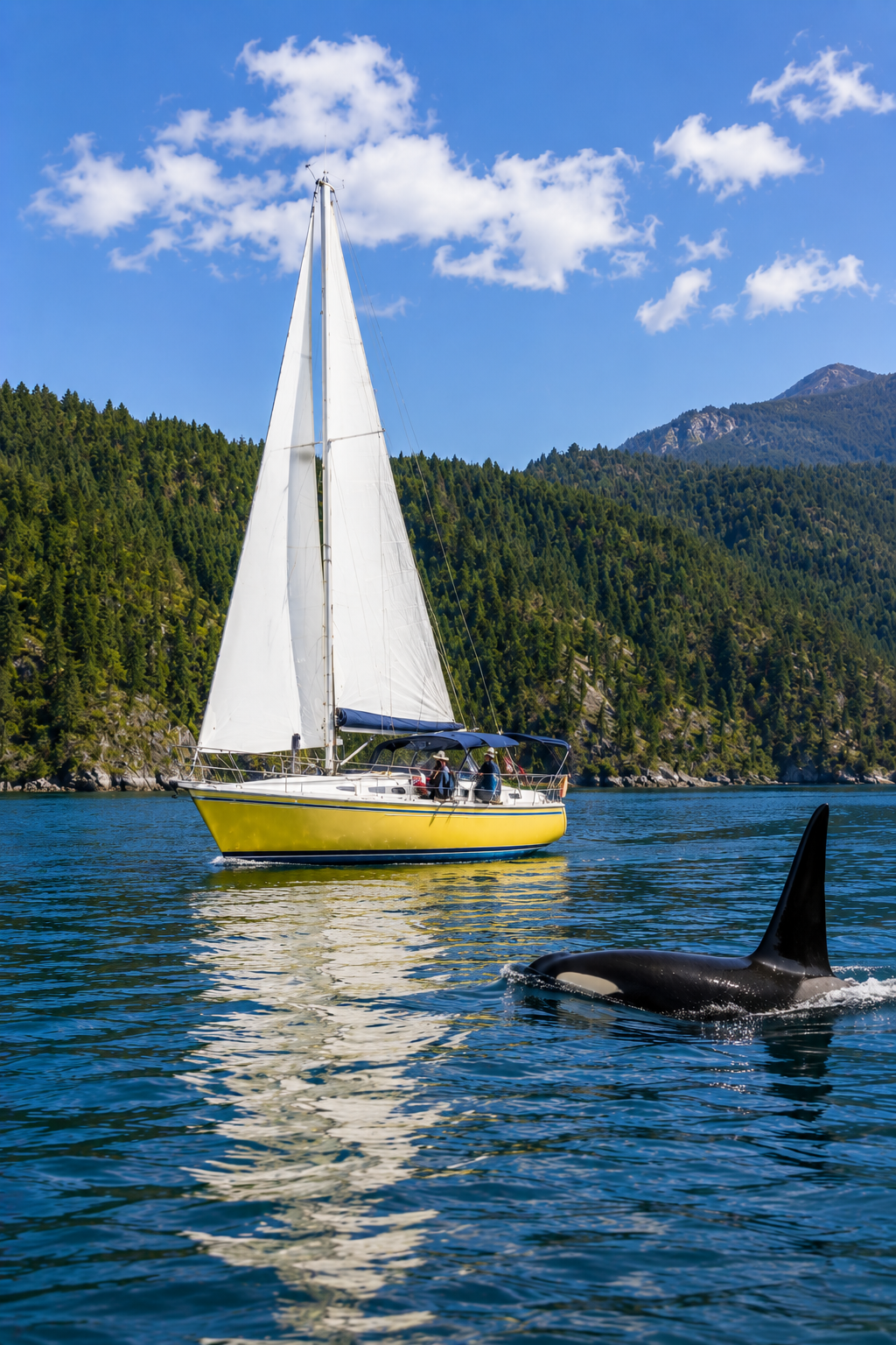 Yellow cruising sailboat sailing near an orca in mountainous coastal waters
