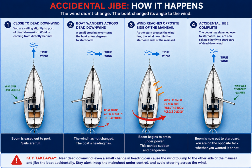 Top-down diagram showing how a small course change near dead downwind can cause the mainsail and boom to cross unexpectedly in an accidental jibe.
