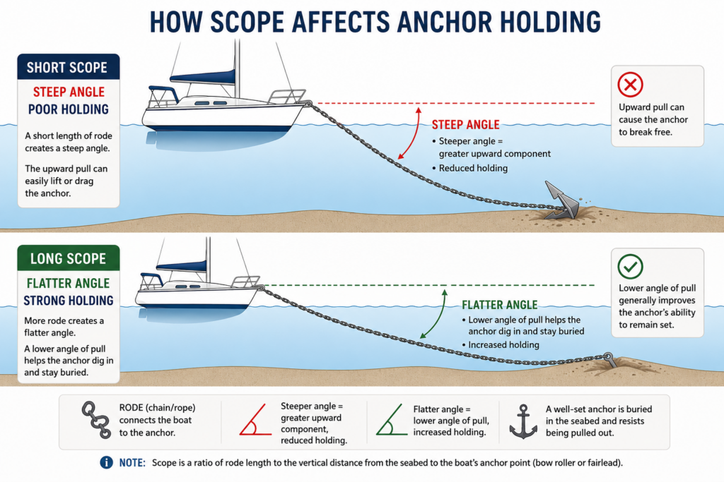 Diagram comparing short and long anchor scope, showing how a flatter rode angle helps a sailboat anchor remain buried in the seabed.