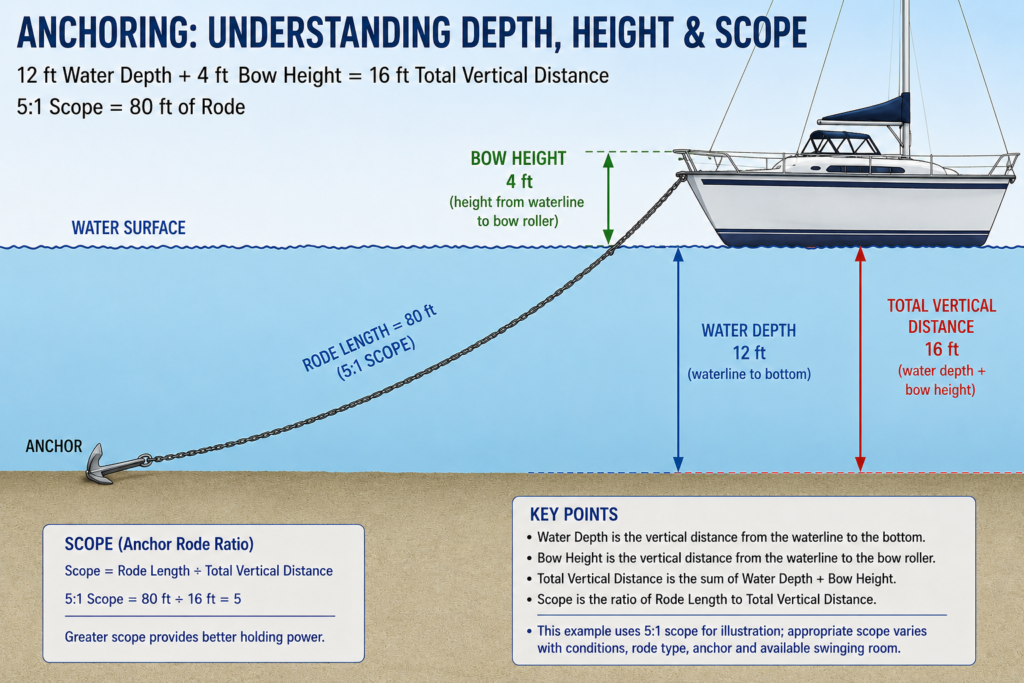 Diagram showing 12 feet of water depth plus 4 feet of bow height for a 16-foot vertical distance and 80 feet of rode at 5:1 scope.