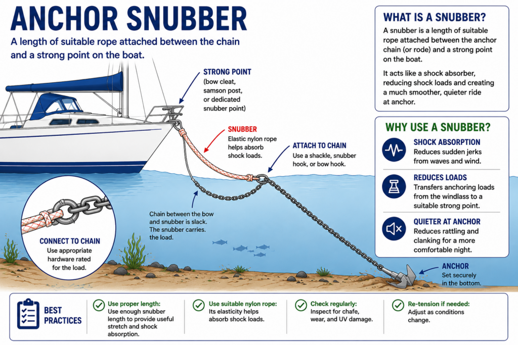 Diagram showing an elastic nylon anchor snubber connecting a sailboat’s anchor chain to a strong bow point while the chain near the bow remains slack.