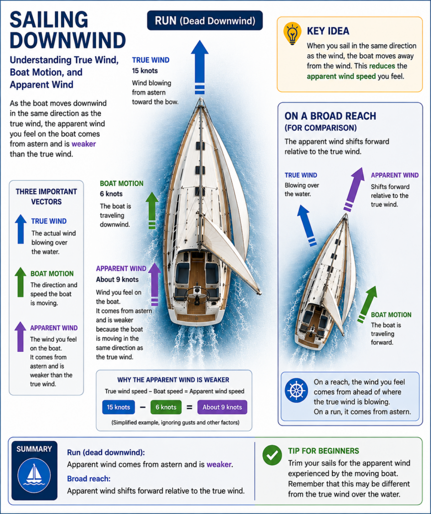 Diagram showing true wind, boat speed, and weaker apparent wind when a sailboat travels downwind