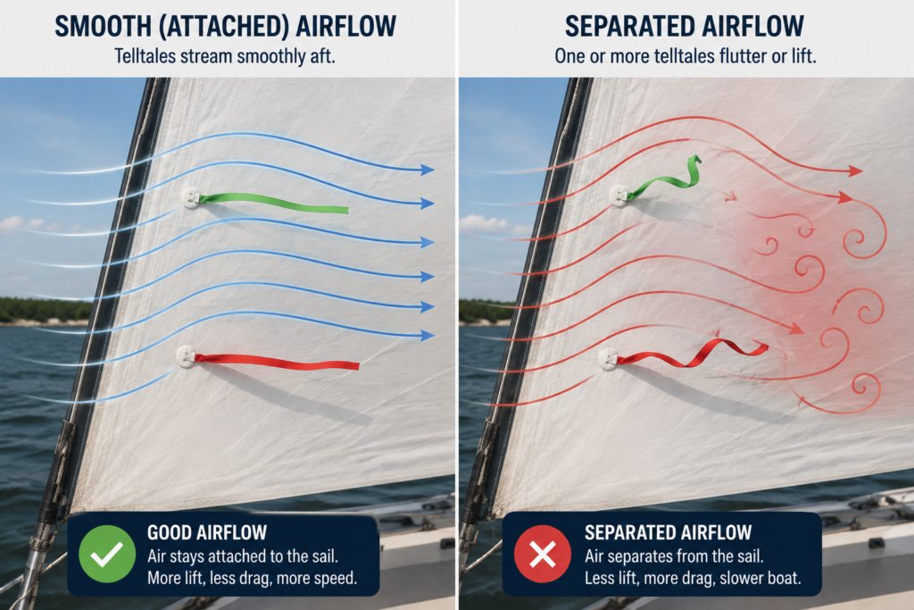 Side-by-side educational infographic comparing attached airflow and separated airflow over a jib. On the left, green and red telltales stream smoothly aft, indicating efficient airflow. On the right, fluttering telltales show separated airflow caused by incorrect sail trim.