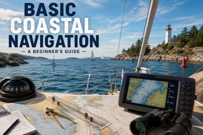 Basic coastal navigation for beginners using a nautical chart, compass, chartplotter and coastal landmarks from a sailboat.