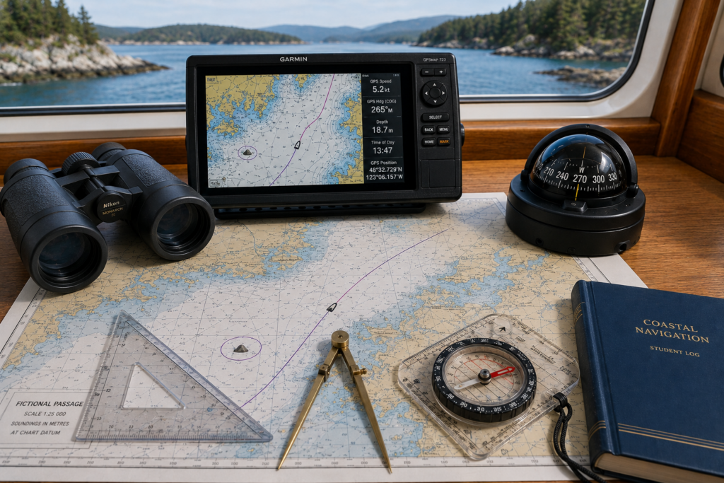 Basic coastal navigation tools including a nautical chart, dividers, plotter, compass, hand-bearing compass, binoculars and GPS chartplotter.