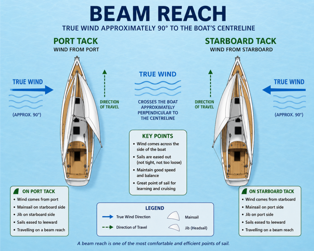 Top-down beam reach diagram showing port and starboard tack with wind crossing the sailboat at approximately 90 degrees