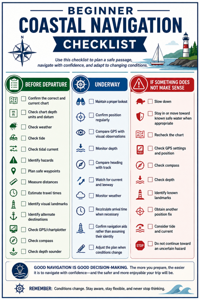 Printable beginner coastal navigation checklist covering pre-departure planning, position checks underway, depth, GPS, compass, weather, current, hazards, and what to do when navigation information does not agree.