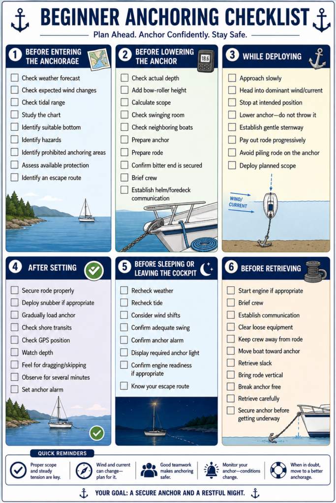 Printable beginner sailboat anchoring checklist covering preparation, anchor deployment, setting, overnight monitoring and anchor retrieval.