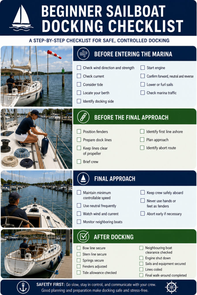 Beginner sailboat docking checklist covering wind, current, fenders, dock lines, slow approach, crew safety and securing the boat