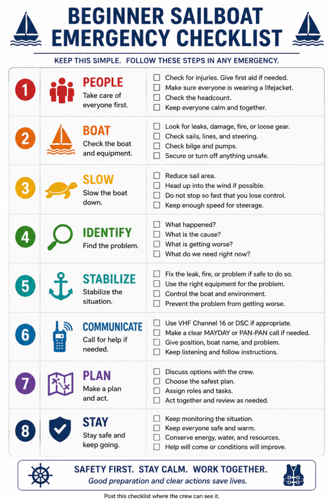 Printable beginner sailboat emergency checklist covering people, boat control, slowing down, identifying the problem, stabilizing, communicating, planning, and staying safe.