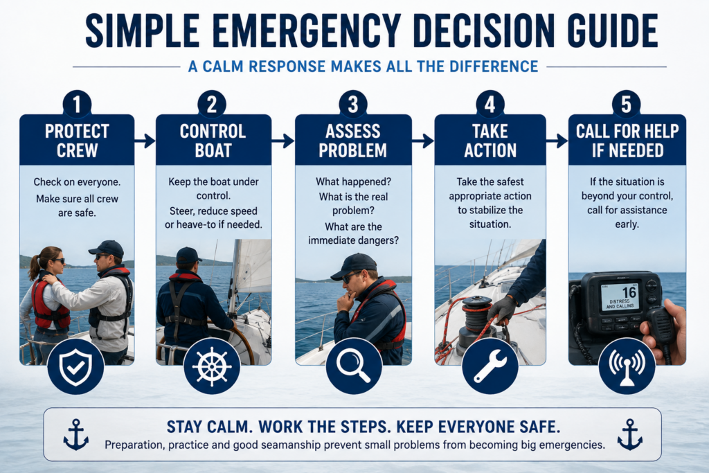 Beginner sailboat emergency decision guide showing protect crew, control the boat, assess the problem, take action, and call for help if needed.