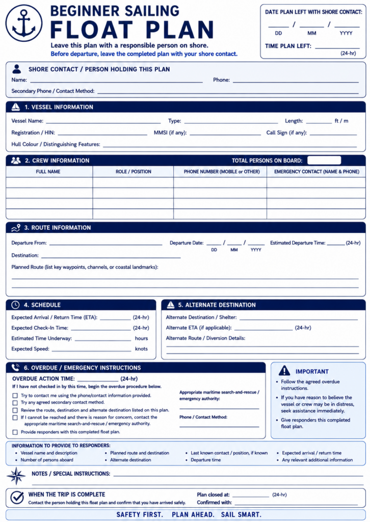 Printable beginner sailing float plan with fields for vessel and crew details, route, destination, ETA, shore contact, alternate destination and overdue instructions.