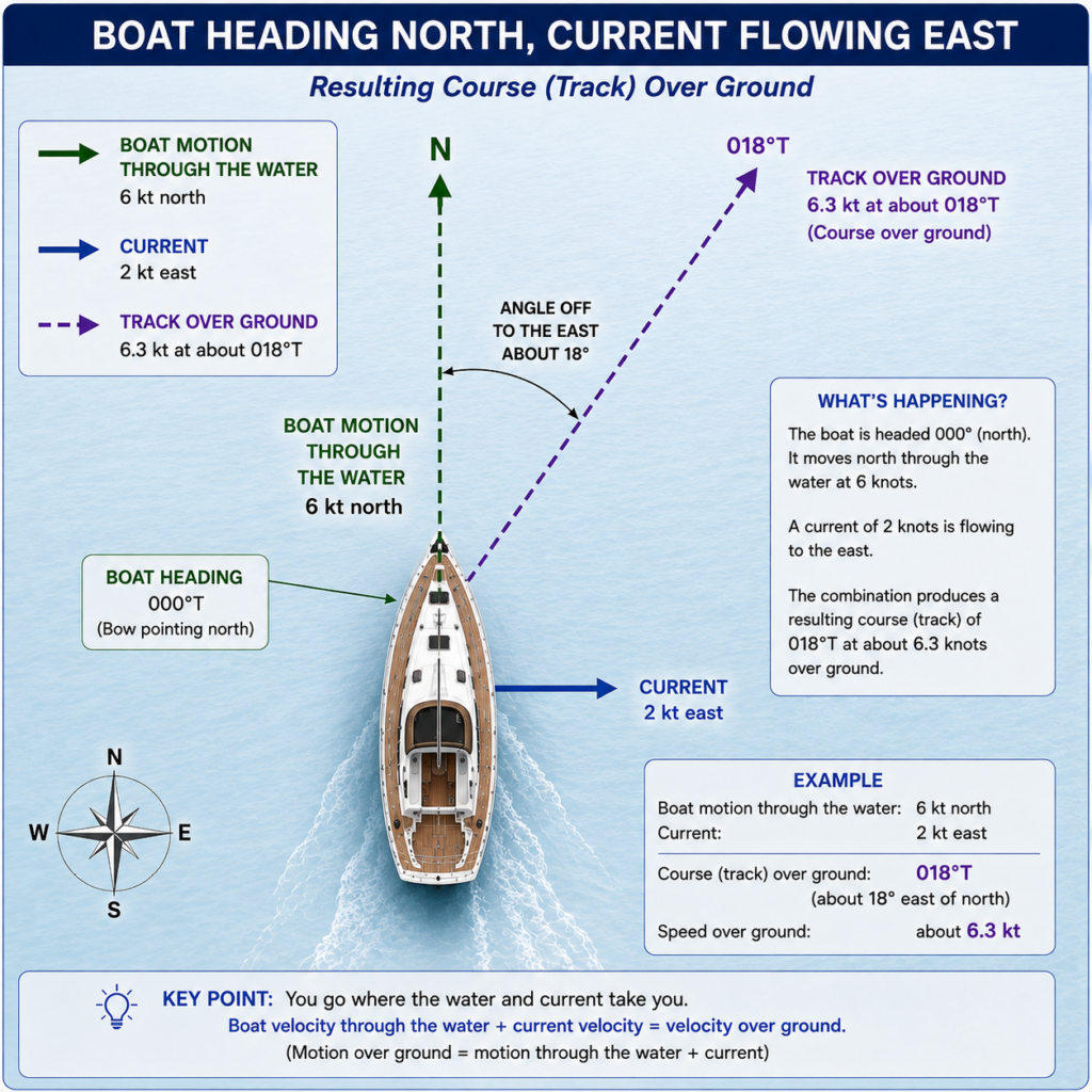 Diagram showing a sailboat heading north at 6 knots while a 2-knot eastward current produces a course over ground of about 018°T.