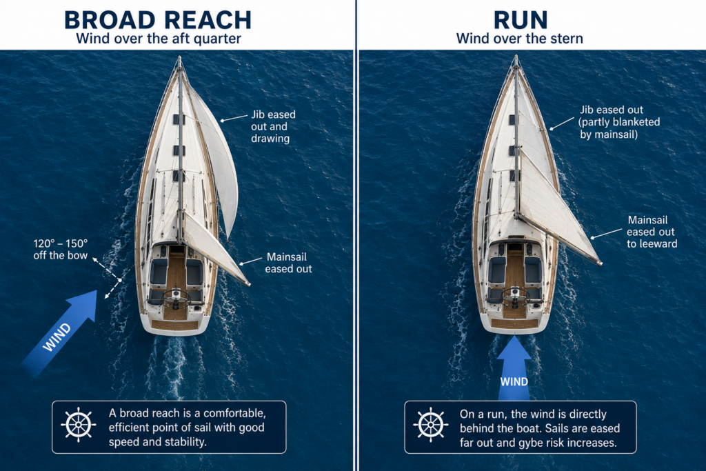 Top-down diagram comparing a sailboat on a broad reach with a sailboat running directly downwind