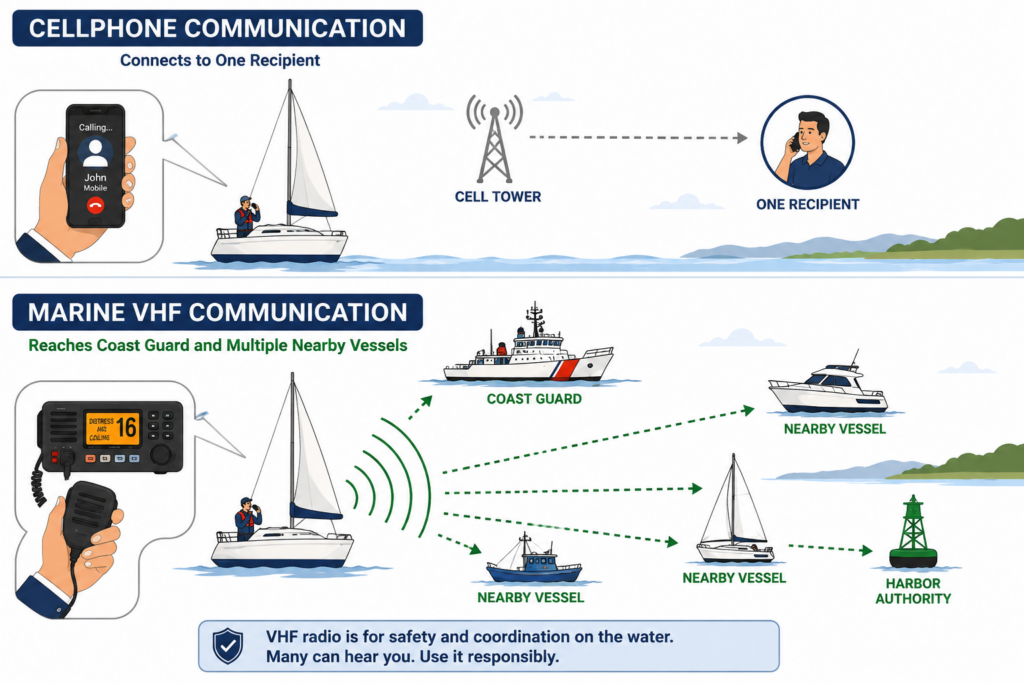 Diagram comparing cellphone communication with marine VHF radio communication to the Coast Guard and nearby vessels.