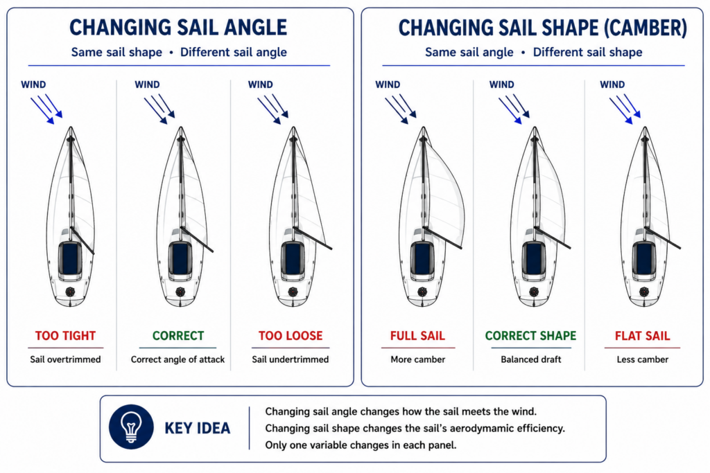 Vector infographic comparing sail angle and sail shape (camber) on a sailboat. The left panel shows overtrimmed, correctly trimmed, and undertrimmed sail angles with the same sail shape, while the right panel shows full, balanced, and flat sail shapes with the same sail angle.