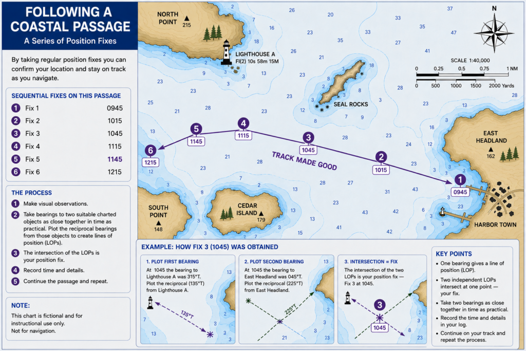 Nautical chart diagram showing six timed position fixes along a coastal passage and two visual bearing lines intersecting to establish a vessel’s position.