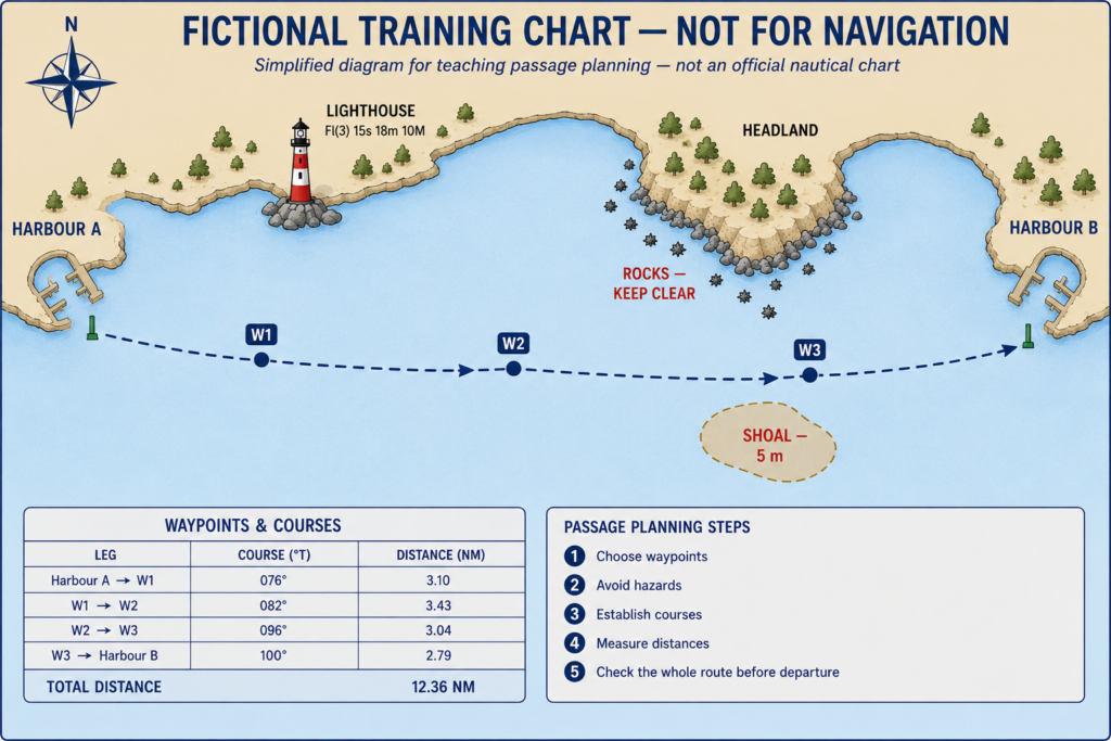Fictional coastal passage-planning chart showing a route from Harbour A to Harbour B using three waypoints to avoid rocks, a headland and a shallow area.