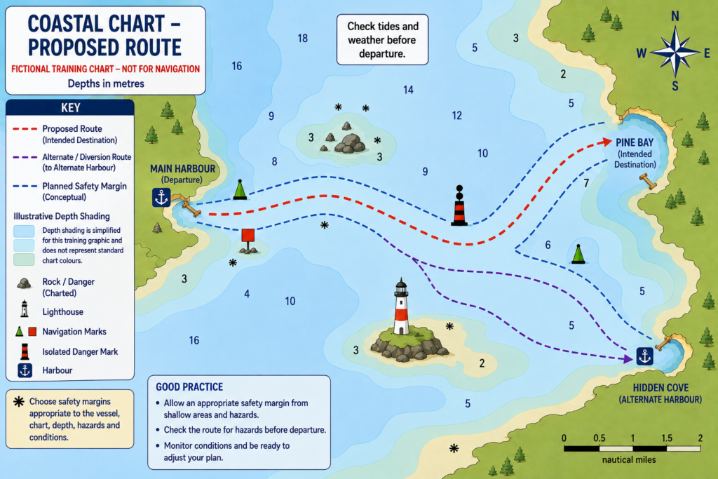 Fictional coastal chart showing a proposed sailing route from Main Harbour to Pine Bay, with safety margins, hazards, depths and a diversion route to Hidden Cove.