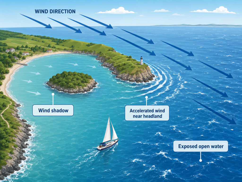 Coastal sailing diagram showing lighter wind behind an island, accelerated wind near a headland and stronger wind over exposed open water.