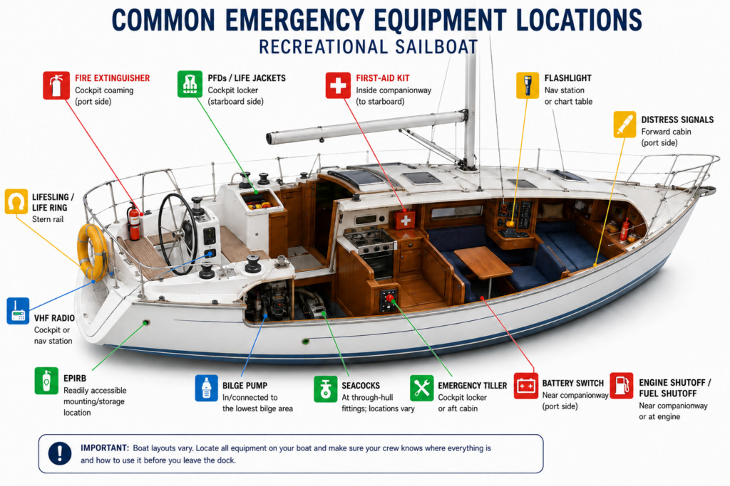 Labelled recreational sailboat diagram showing common emergency equipment locations, including PFDs, fire extinguisher, VHF radio, first-aid kit, bilge pump, seacocks, EPIRB and emergency tiller.