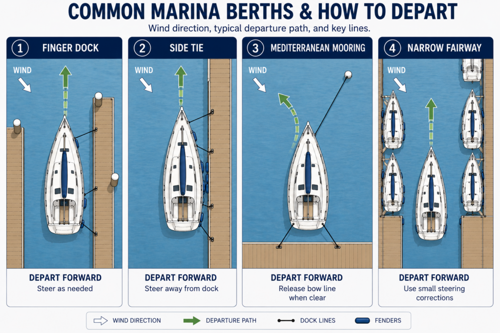 Four-panel top-down vector infographic comparing common marina berth types: finger dock, side tie, Mediterranean mooring, and narrow fairway, with wind direction and typical departure paths for each.