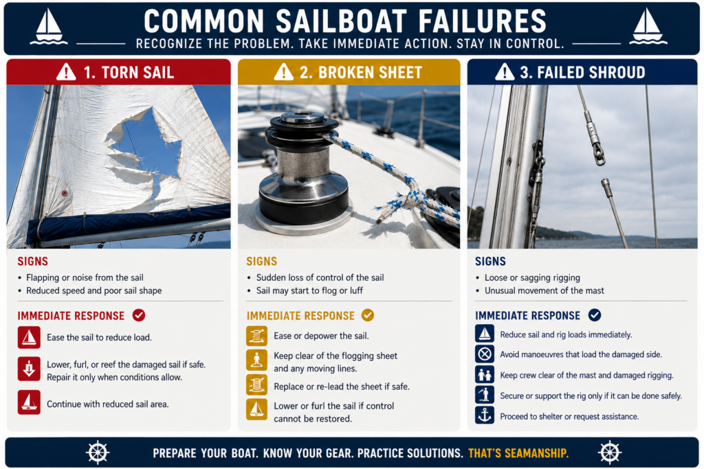 Infographic showing how to respond to three common sailboat failures: a torn sail, broken sheet, and failed shroud.
