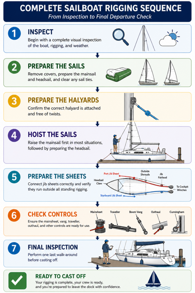 Printable flowchart showing the complete sailboat rigging sequence for beginners, including inspection, sail preparation, halyard preparation, hoisting the mainsail, preparing jib sheets, checking sail controls, and completing a final dockside inspection before departure.