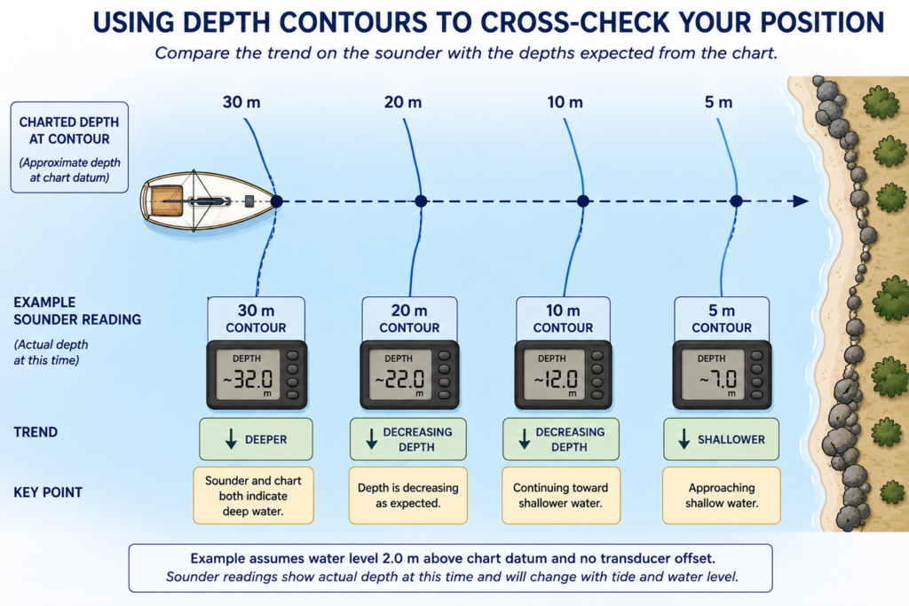 Diagram showing a sailboat crossing 30 m, 20 m, 10 m and 5 m depth contours while comparing progressively shallower depth sounder readings.