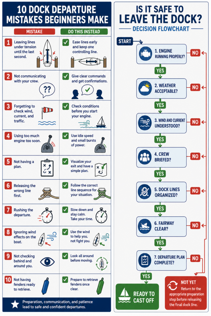 Two-panel instructional infographic showing ten common dock departure mistakes with recommended corrections alongside a step-by-step decision flowchart to determine whether it is safe to leave the dock.