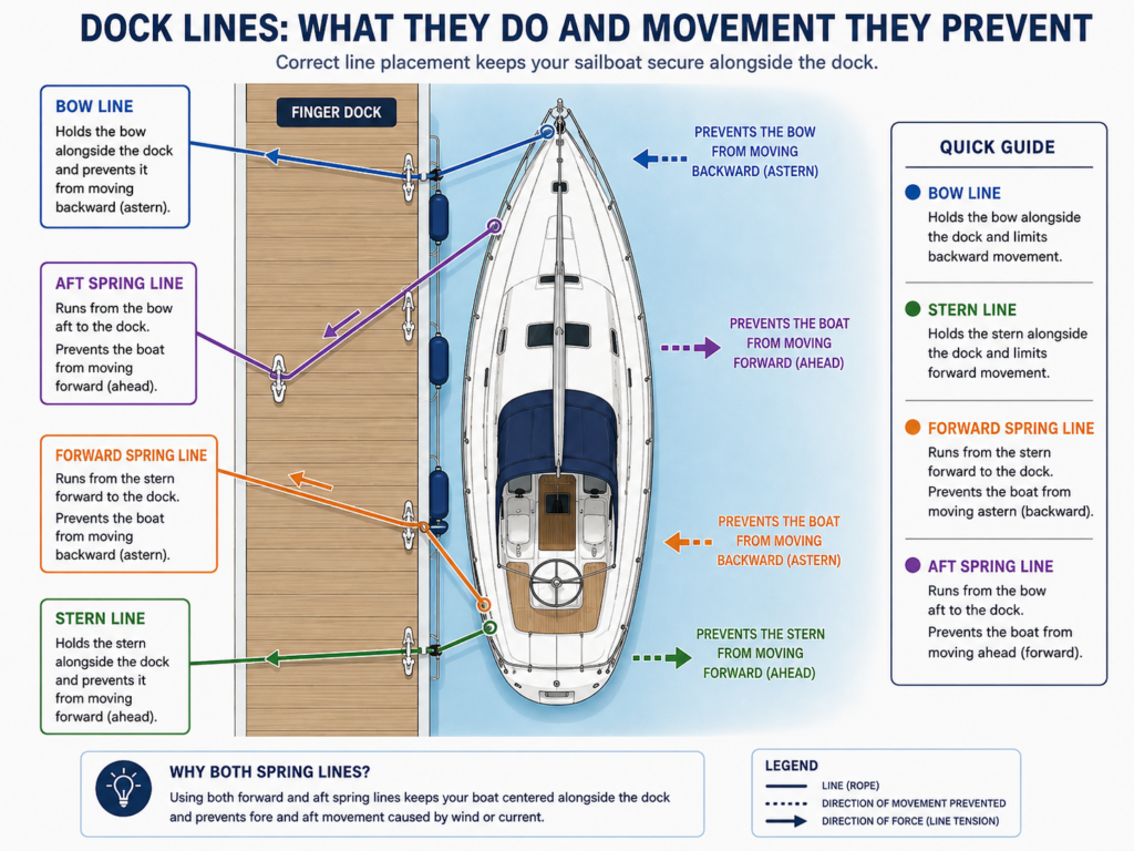 Top-down sailboat dock line diagram showing bow, stern, forward spring and aft spring lines and the movement each prevents