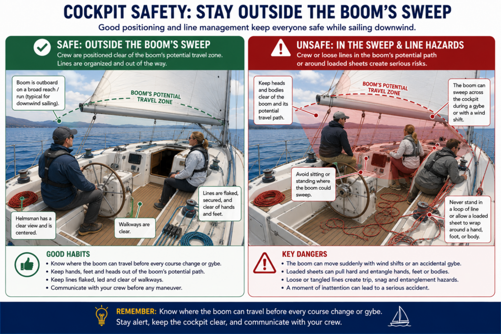 Safe and unsafe cockpit positions showing the boom sweep and loaded line hazards when sailing downwind
