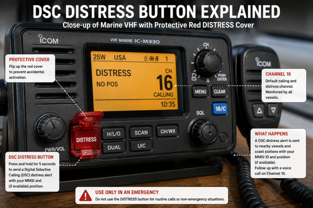 Close-up of a marine VHF radio showing the red protective DSC distress button cover and Channel 16 controls.