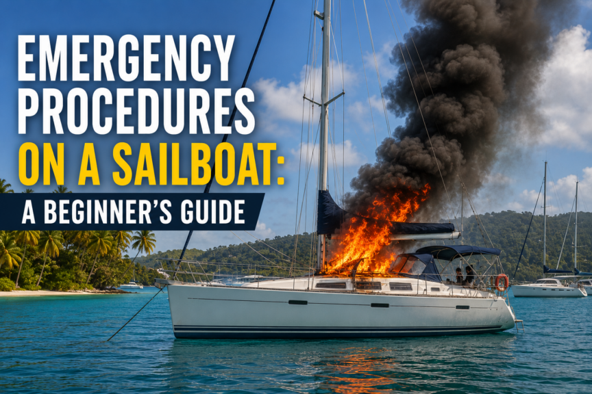 50-foot sailboat on fire at anchor in a tropical bay, illustrating emergency procedures on a sailboat for beginners.