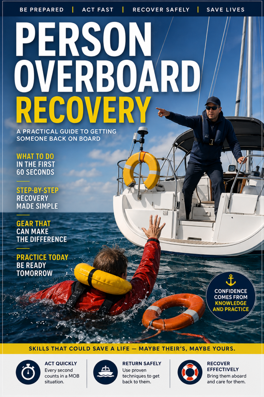 Person overboard recovery showing a sailor returning to recover a person in the water beside a sailboat.