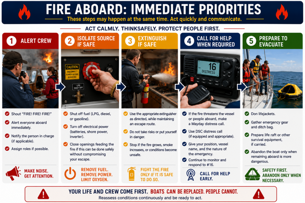 Sailboat fire emergency infographic showing five priorities: alert the crew, isolate the source if safe, extinguish if safe, call for help, and prepare to evacuate.