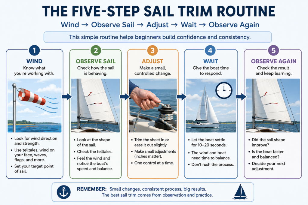 Flowchart illustrating the five-step sail trim routine: Wind → Observe Sail → Adjust → Wait → Observe Again, helping beginner sailors make consistent sail trim decisions.