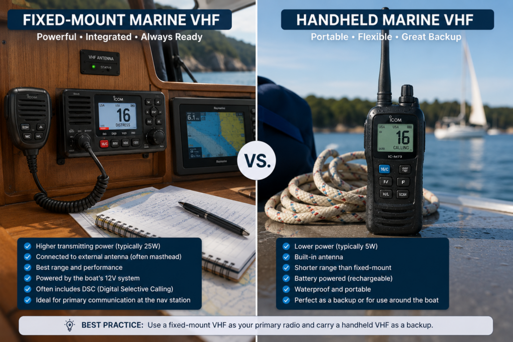 Fixed-mount marine VHF radio compared with a portable handheld VHF radio for beginner sailors.