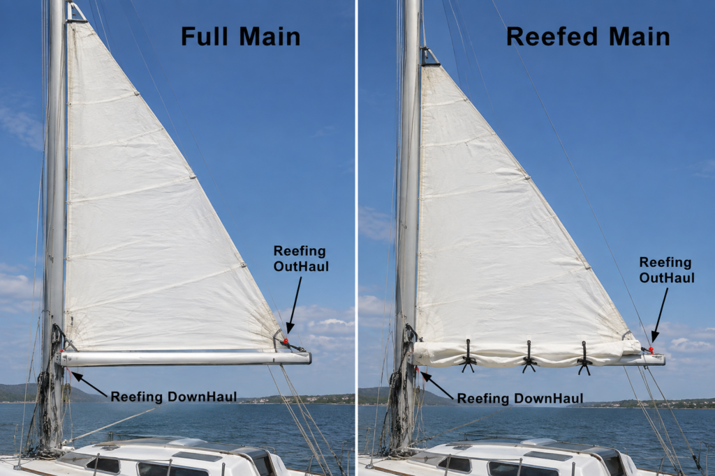 Full mainsail compared with a reefed mainsail showing reefing outhaul and downhaul