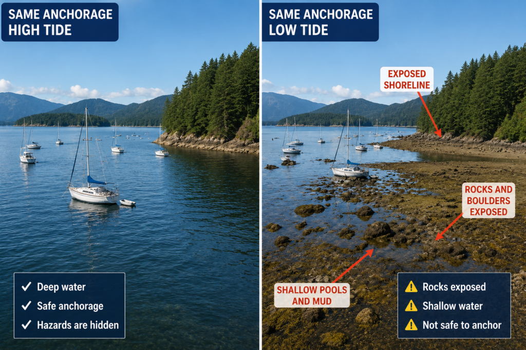 Same sailboat anchorage at high and low tide showing exposed rocks, shallow water and shoreline that were submerged at high tide.