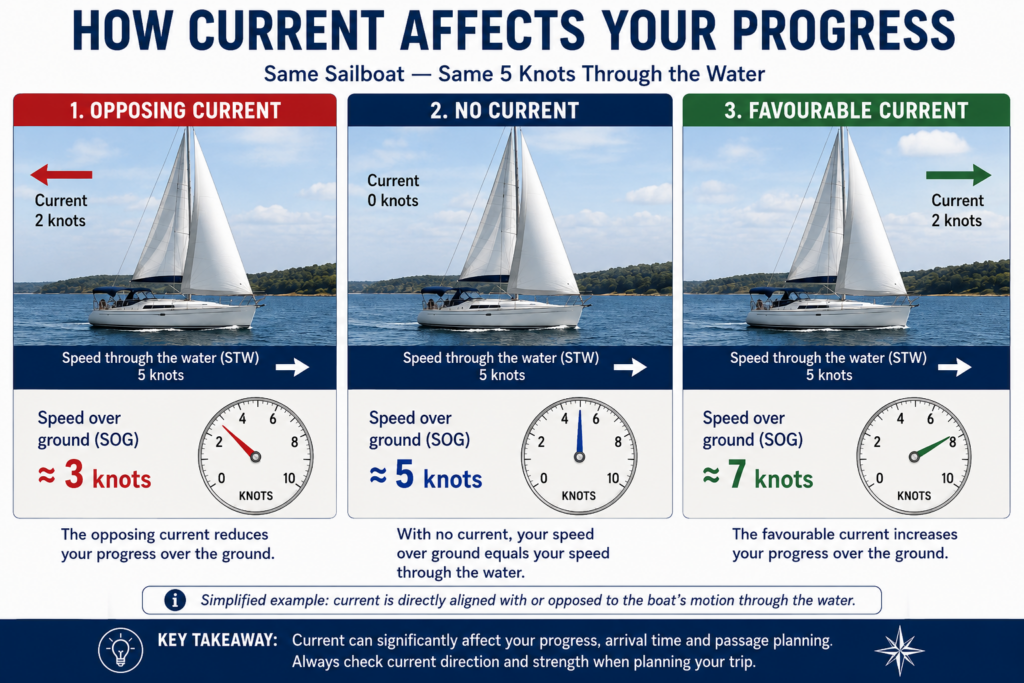 Infographic showing a sailboat travelling at 5 knots through the water making about 3 knots SOG against a 2-knot current, 5 knots with no current, and 7 knots with a favourable 2-knot current.