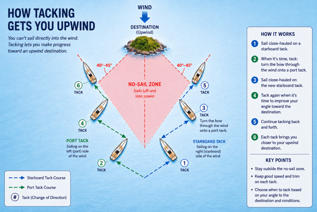 Diagram showing a sailboat tacking back and forth on close-hauled courses to reach an upwind destination