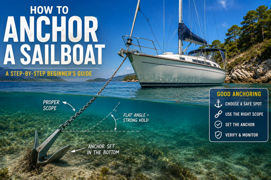 Sailboat anchored in a sheltered bay with an underwater view showing the anchor, rode, proper scope and anchor set in the seabed.