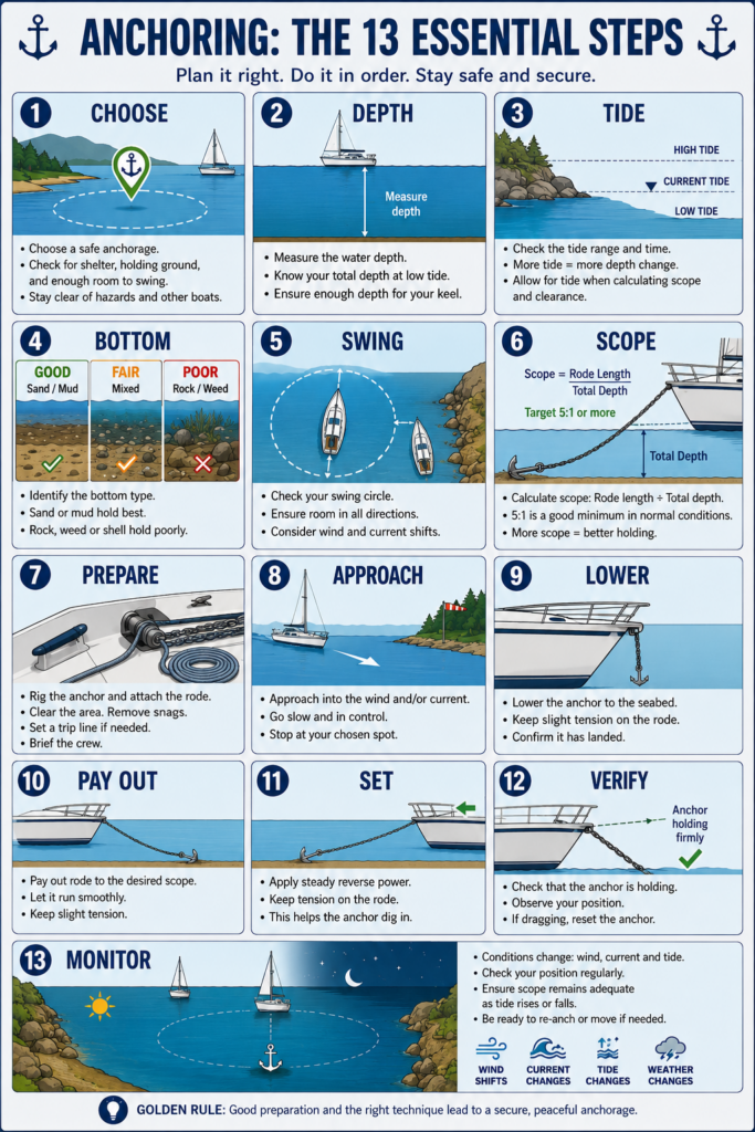 13-step sailboat anchoring infographic covering anchorage selection, depth, tide, bottom, swing room, scope, preparation, deployment, setting and monitoring.