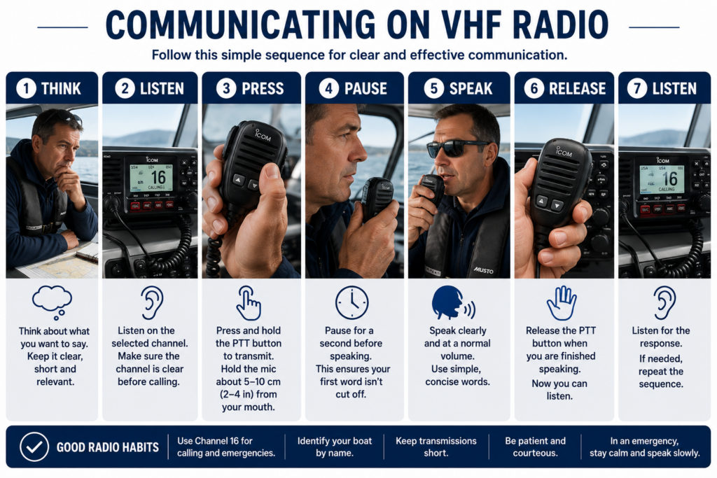 Seven-step marine VHF radio communication sequence: think, listen, press, pause, speak, release and listen.