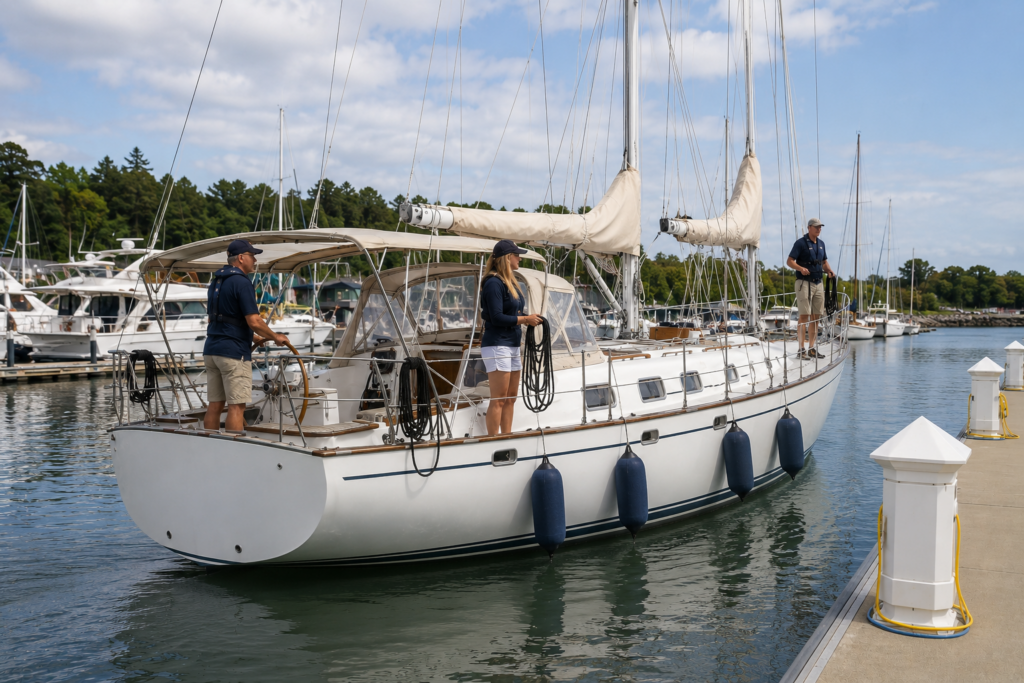 Ketch-rigged sailboat approaching a marina dock with fenders and dock lines prepared for docking