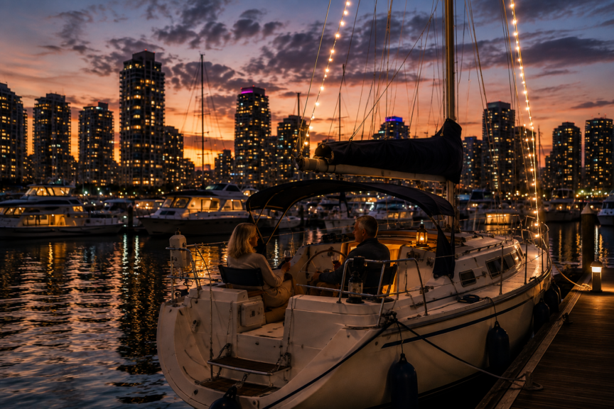 Sailboat secured alongside a marina dock at sunset with fenders and dock lines while the crew relaxes in the cockpit