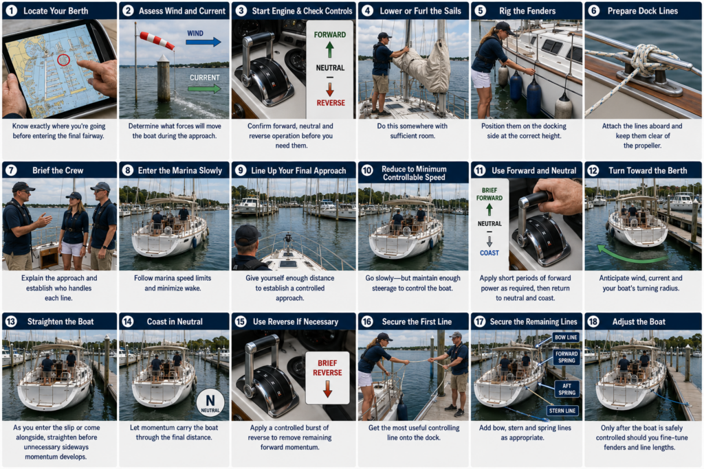 18-step sailboat docking guide showing berth planning, fenders, dock lines, slow approach, neutral, reverse and securing the boat