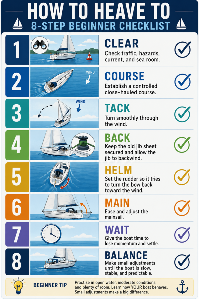 Eight-step heaving-to checklist showing how to clear the area, sail close-hauled, tack, backwind the jib, set the helm, ease the mainsail, wait and balance the sailboat.