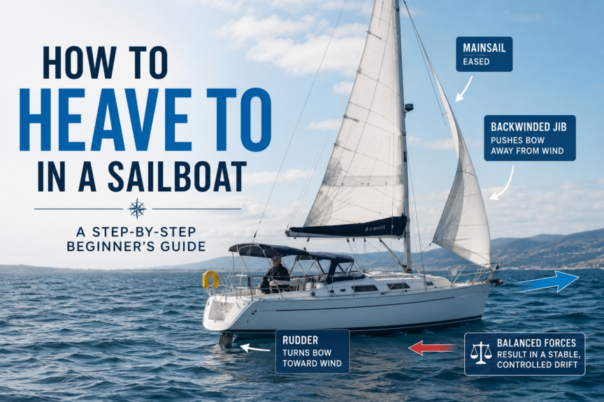 Sailboat hove-to with a backwinded jib, eased mainsail and rudder positioned to balance the boat in a controlled drift.